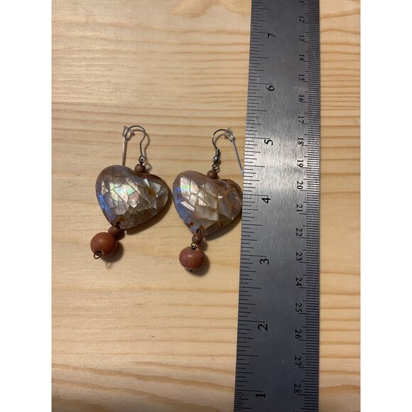 Handmade Heart Shaped Shell & Wood Bead Dangle Earrings - Picture 2 of 3